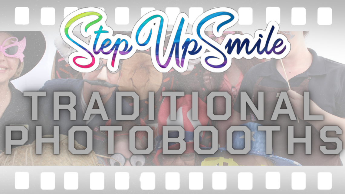 "Guests smiling and posing with premium props at a StepUpSmile traditional photobooth rental in Dallas, TX."